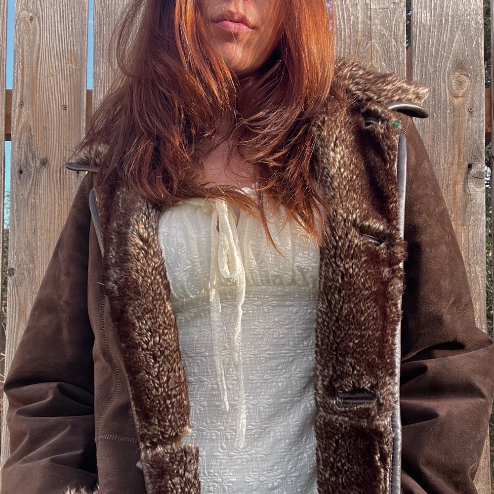 Brown Vintage Genuine Leather Faux Fur Lined Coat